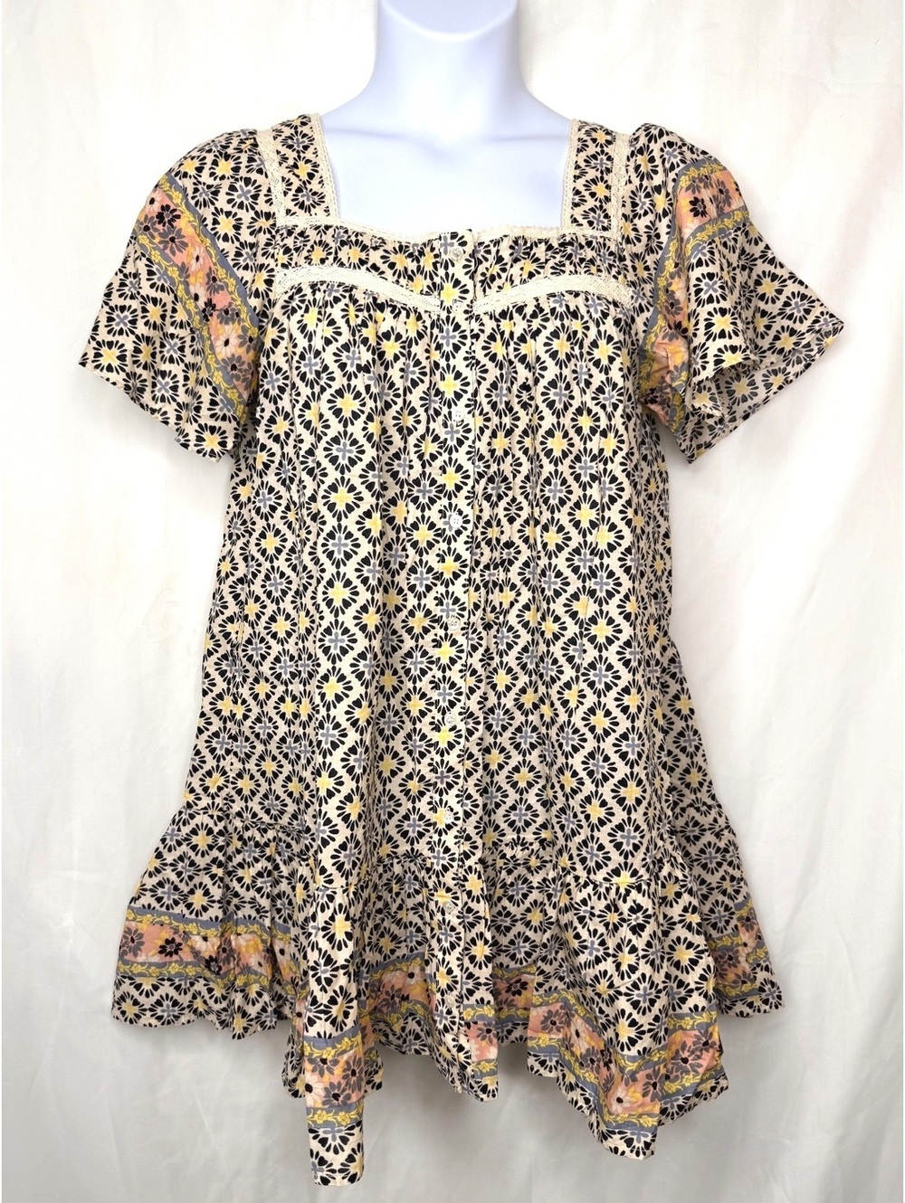 Olivaceous Floral 100% Cotton Babydoll Mini Dress Boho M